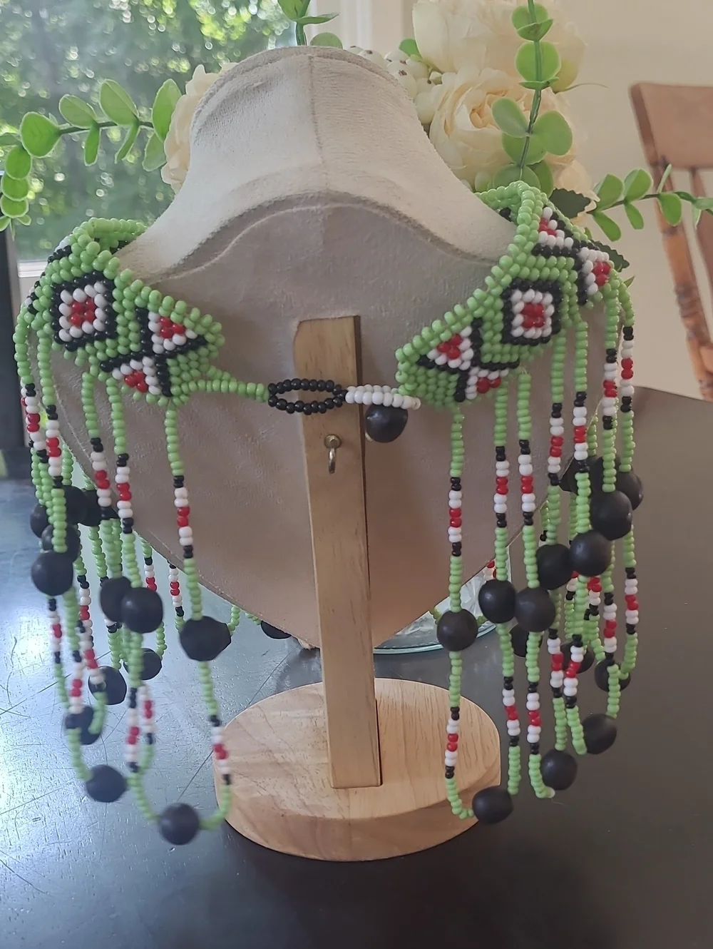 Ukrainian Beaded Sylyanka Fringe Collar Necklace Green Geometric
